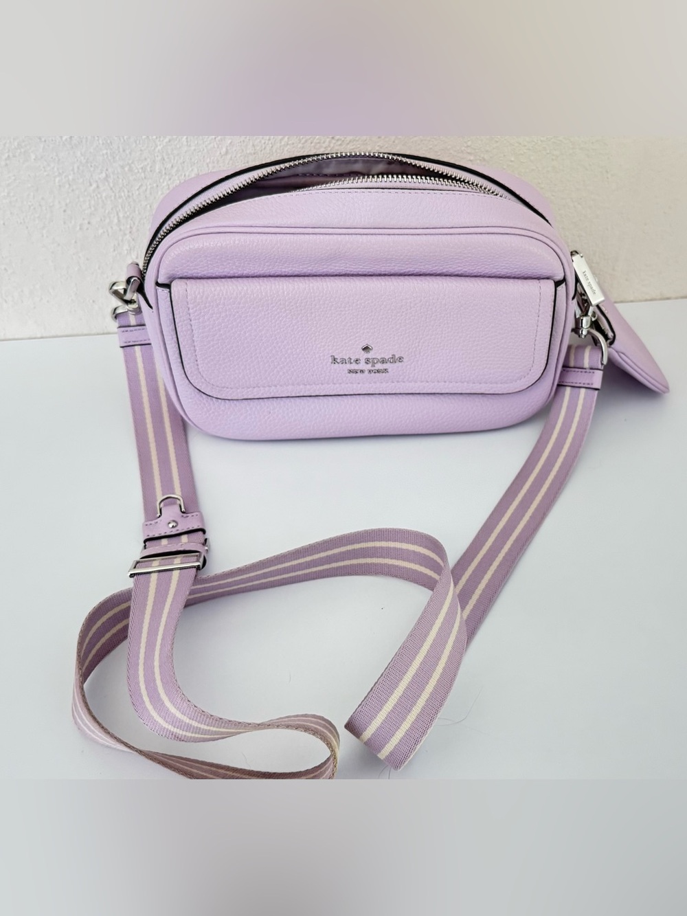 kate Spade Lavender Leather Crossbody with Striped Strap